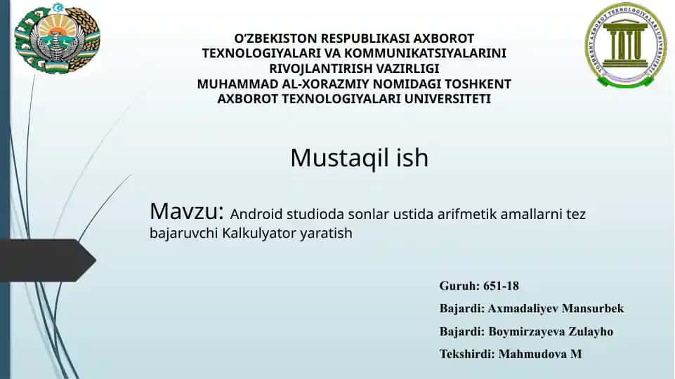 Android Studio dasturlar ustida arifmetika amallarni tez bajaruvchi Kalkulyator yaratish