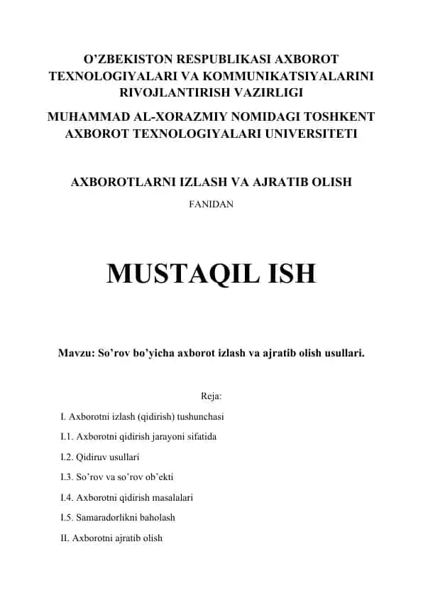 So’rov bo’yicha axborot izlash va ajratib olish usullari.