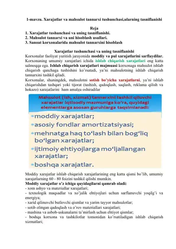 Mahsulot tannarxi va xarajatlarning tasniflanishi
