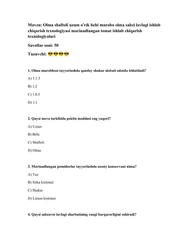 Olma shaftoli uzum o'rik behi murobo olma sabzi lavlagi ishlab chiqarish texnologiyasi marinadlangan tomat ishlab chiqarish texnologiyalari