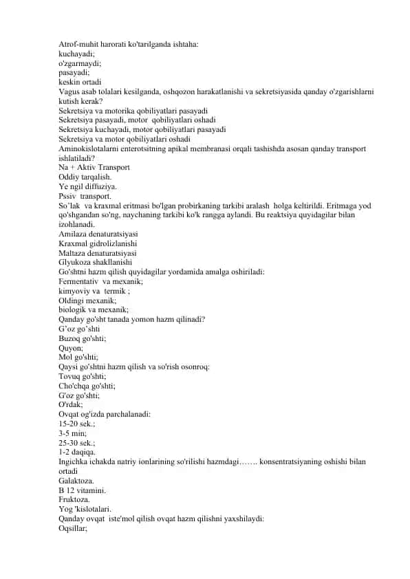 Hayvonlar Anatomiyasi Test Savollari