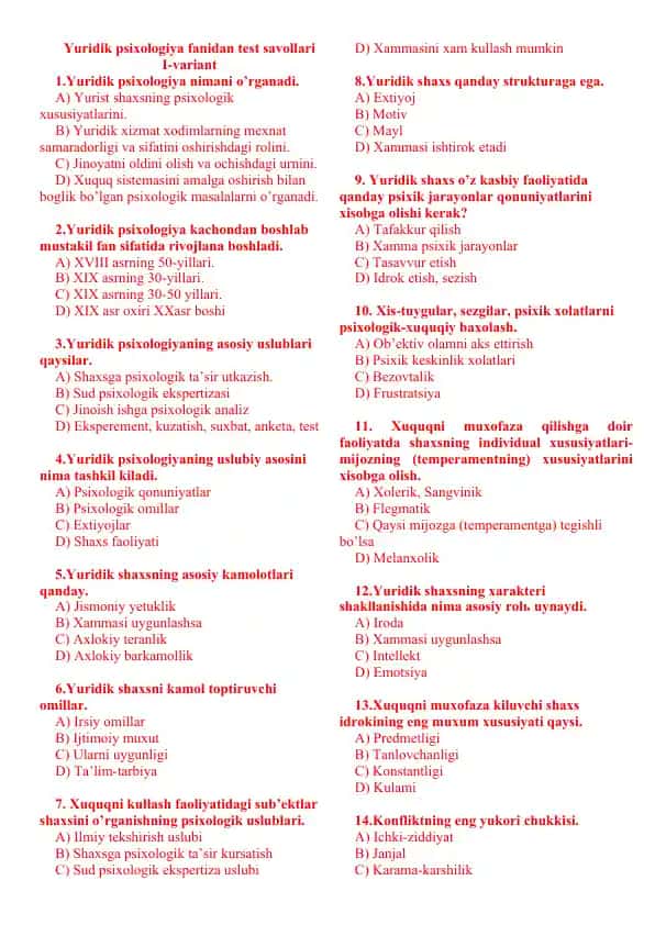 Yuridik psixologiya fanidan test savollari