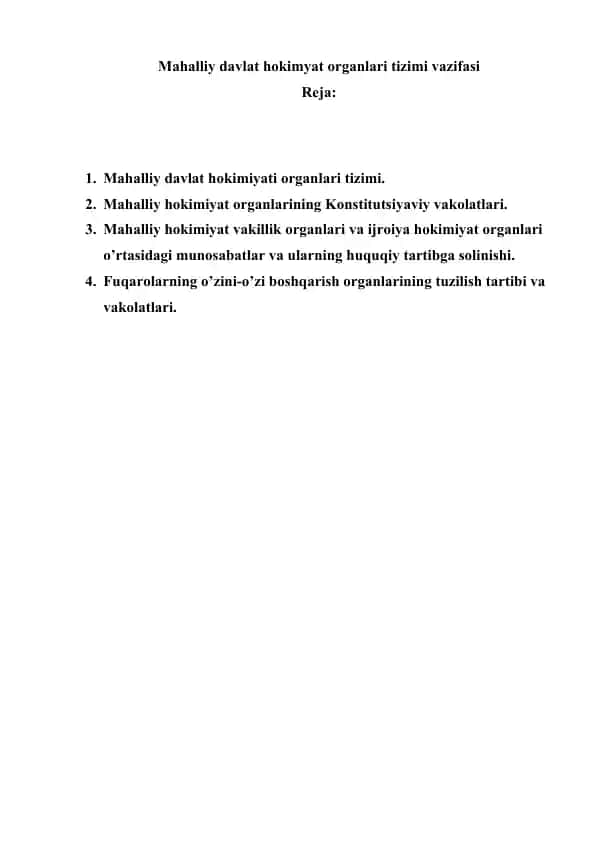 Mahalliy davlat hokimyat organlari tizimi vazifasi