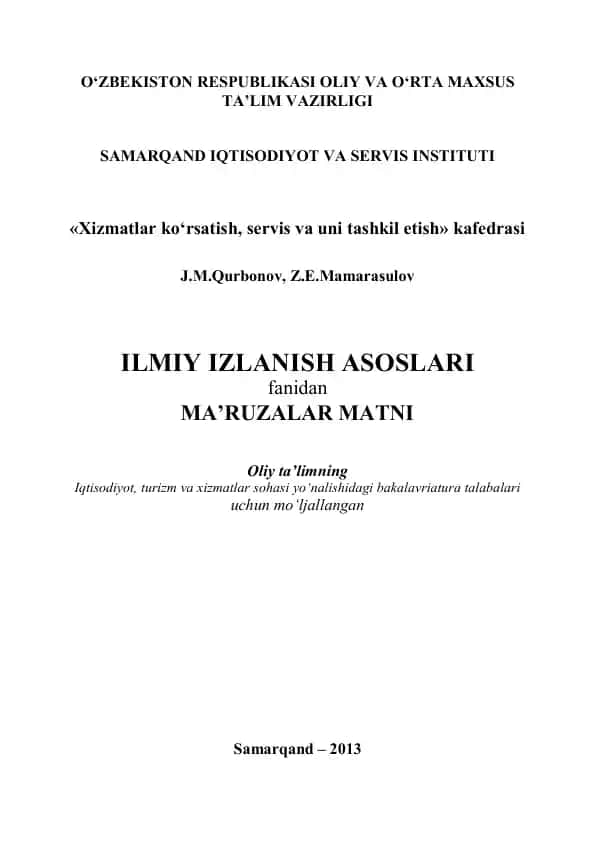 Ilmiy Izlanish Asoslari Fanidan Ma'ruzalar Matni