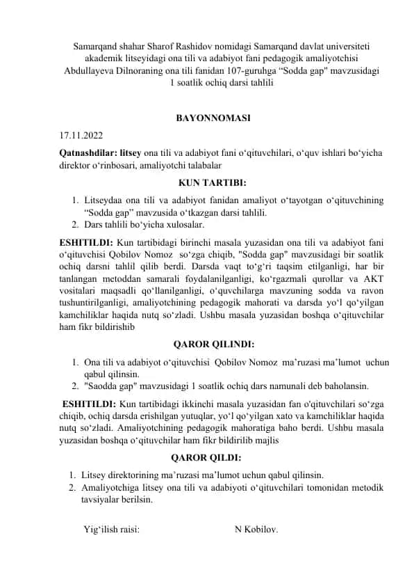 "Sodda gap" mavzusidagi 1 soatlik ochiq darsi tahlili
