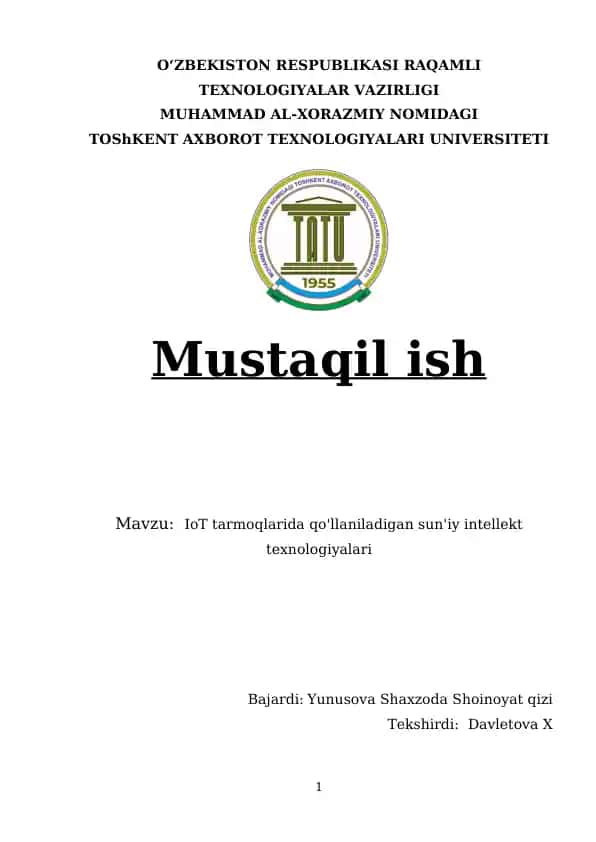 IoT tarmoqlarida qo'llaniladigan sun'iy intellekt texnologiyalari