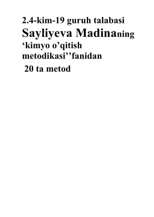Kimyo o’qitish metodikasi bo‘yicha o‘quvchi topshiriqlari