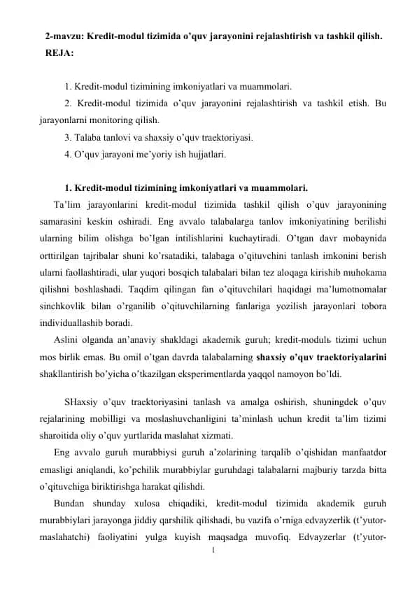 Kredit-modul tizimida o’quv jarayonini rejalashtirish va tashkil qilish