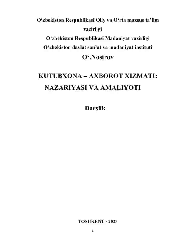 Darslik "Kutubxona - Axborot Xizmati: Nazariyasi va Amaliyoti"