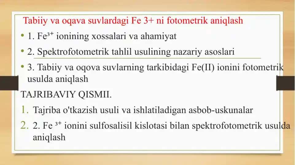 Tabiiy va oqava suvlardagi Fe 3+ ni fotometrik aniqlash