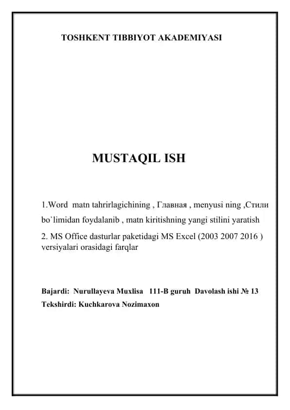 Matn Tahrirlash va MS Office dasturlarini ta'lim olish