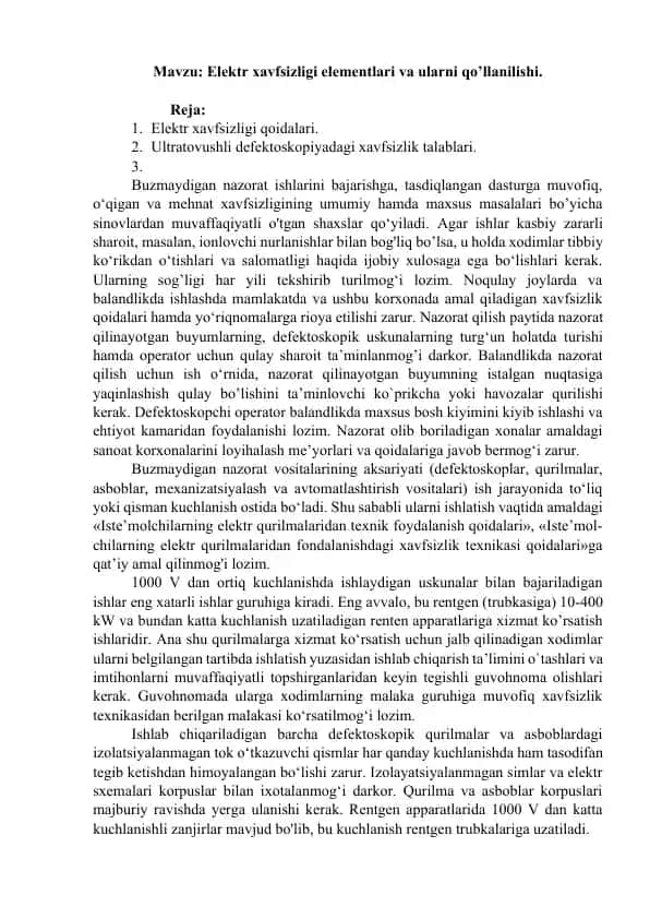 Elektr xavfsizligi elementlari va ularni qo’llanilishi.