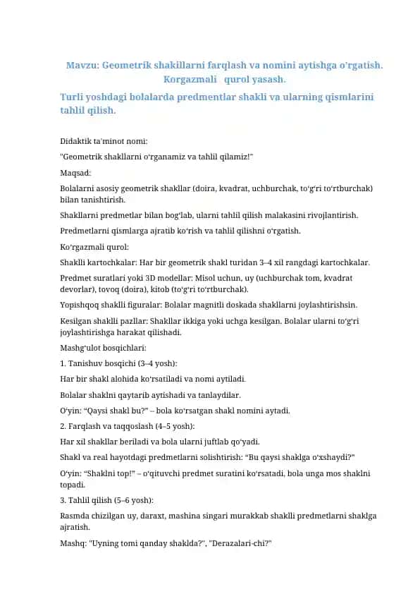 Geometrik shakllarni o‘rganamiz va tahlil qilamiz!