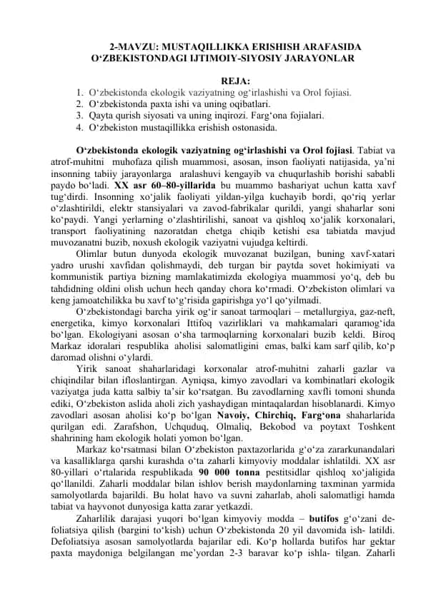 O‘zbekistonda Ekologik Vaziyat va Orol Foʻjiasi