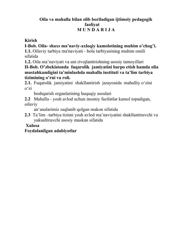 Oila va mahalla bilan olib boriladigan ijtimoiy pedagogik faoliyat