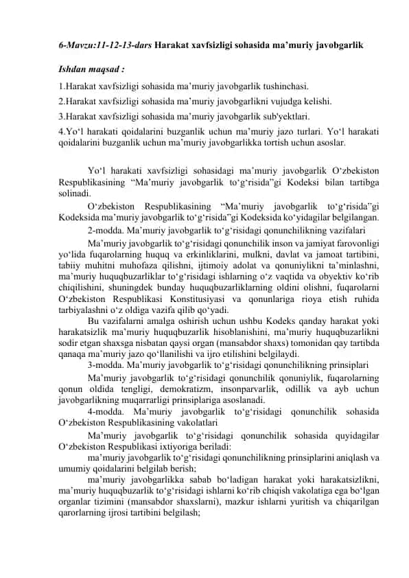 Harakat xavfsizligi sohasida ma’muriy javobgarlik