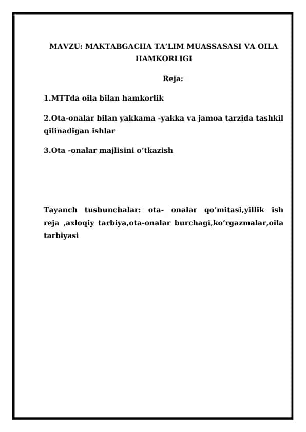 MAKTABGACHA TA’LIM MUASSASASI VA OILA HAMKORLIGI