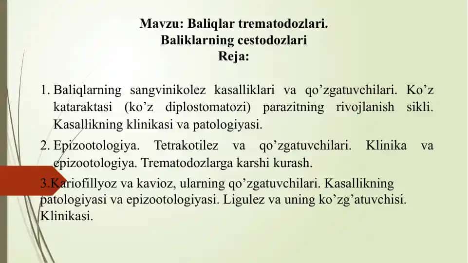 Baliqlarning trematodoz va cestodoz kasalliklari