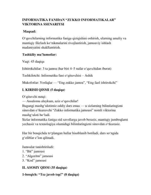 viktorina mavzusida dars ishlanma, viktorinalar, ssenariy