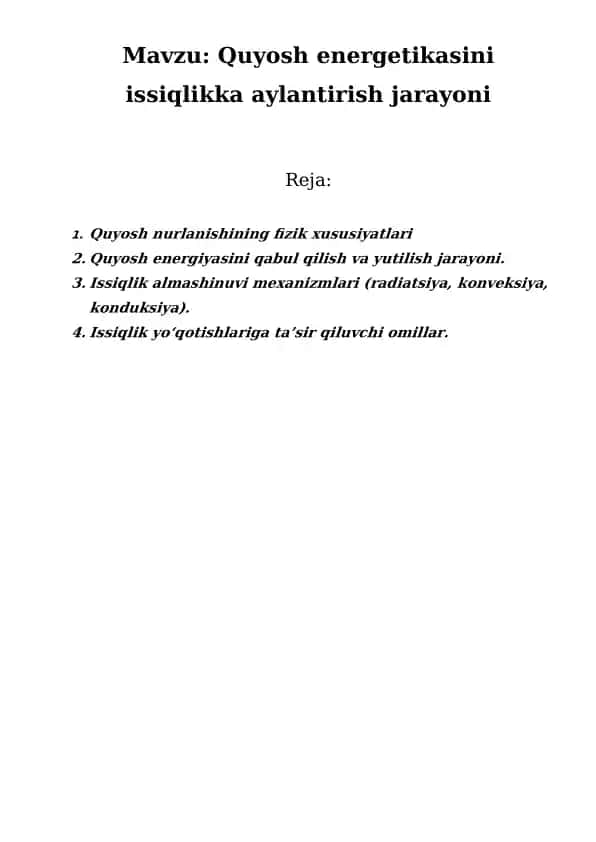 Quyosh energetikasini issiqlikka aylantirish jarayoni