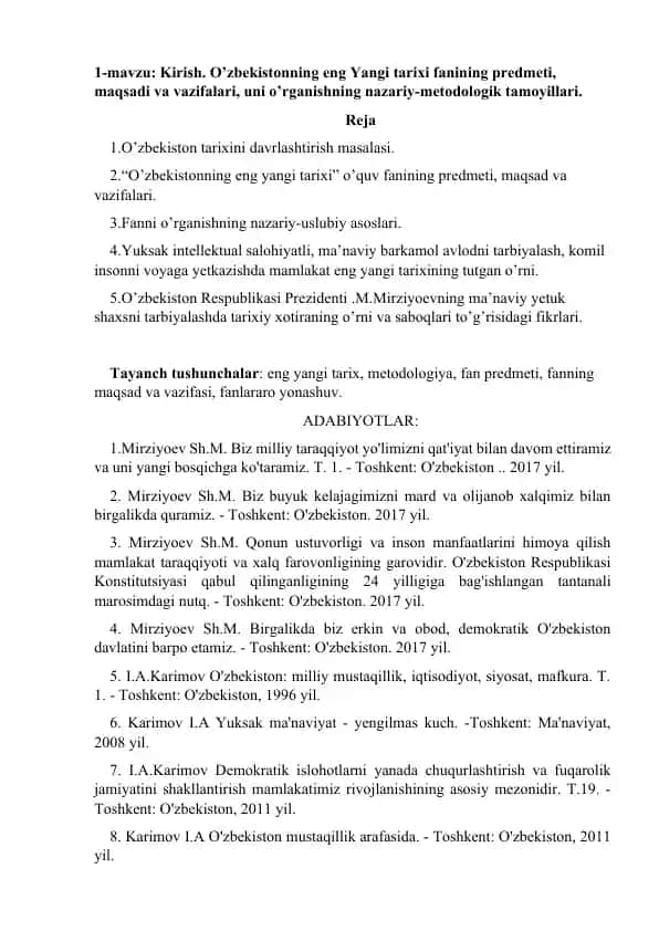 O'zbekistonning eng yangi tarixi fanining predmeti, maqsadi va vazifalari