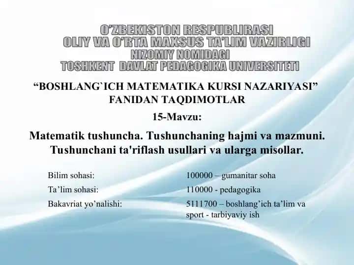 BOSHLANG`ICH MATEMATIKA KURSI NAZARIYASI