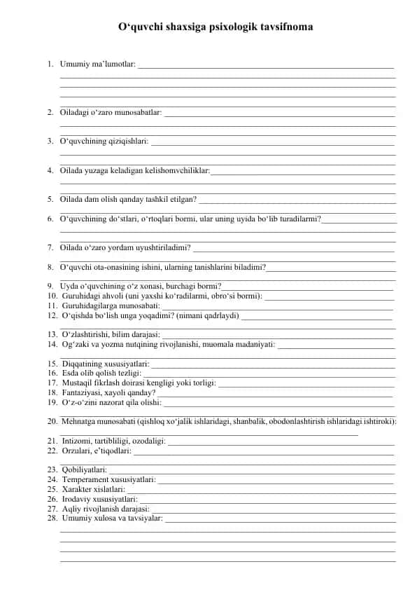 O'quvchiga psixologik tavsifnoma