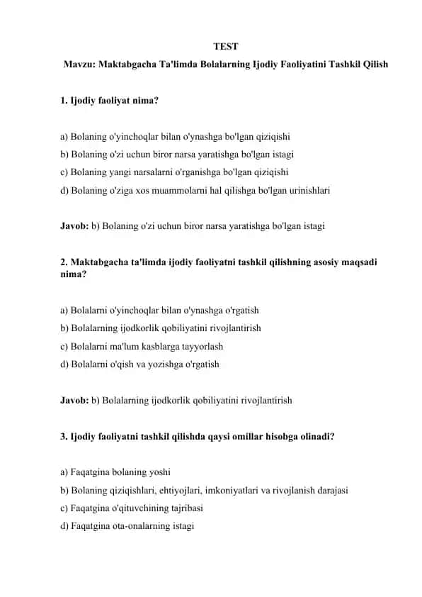 Maktabgacha Ta'limda Bolalarning Ijodiy Faoliyatini Tashkil Qilish