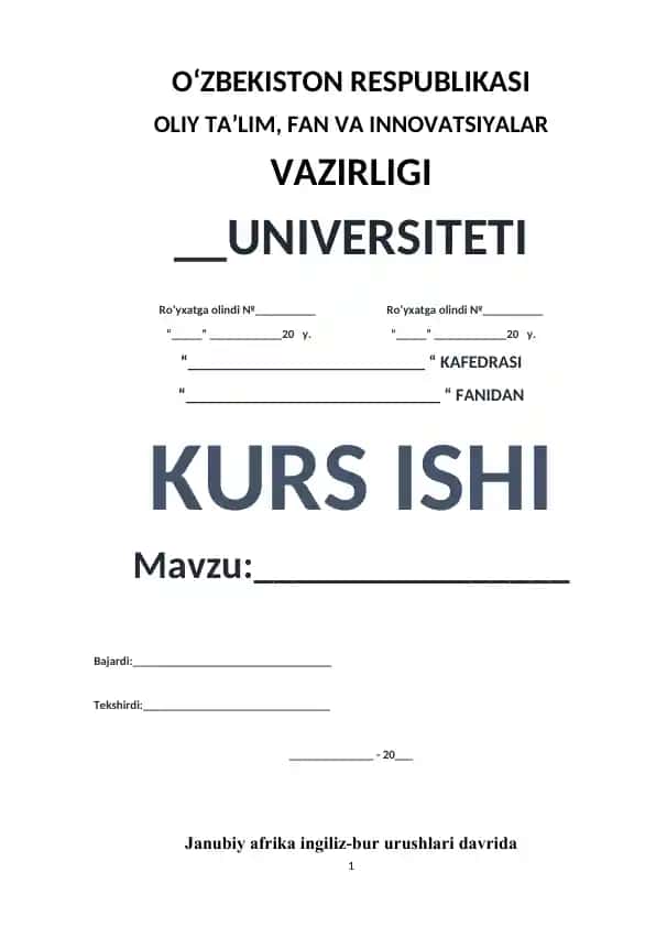 Janubiy Afrika Ingiliz-Bur Urushlari Davri Tarixi Kurs Ishi