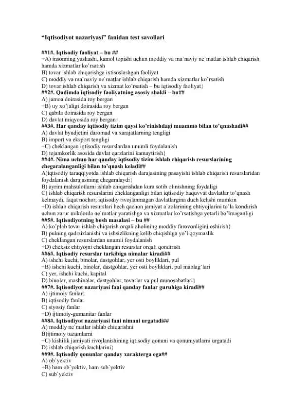 Iqtisodiyot nazariyasi fanidan test savollari