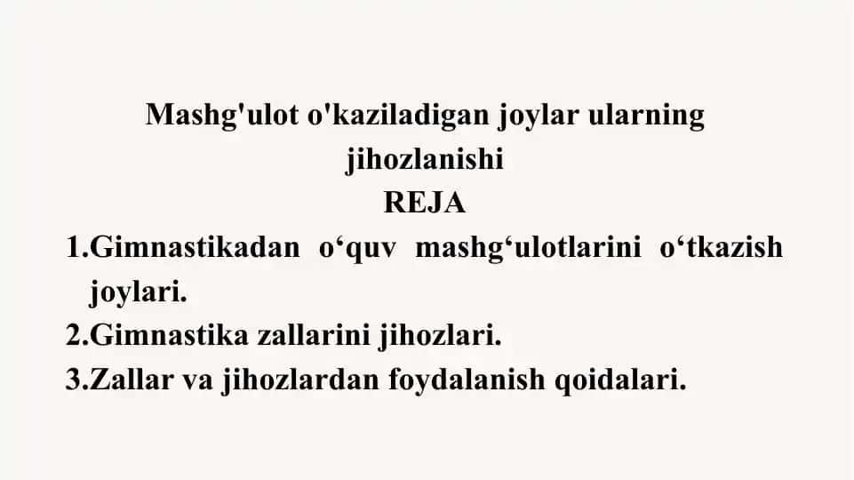 Gimnastikadan o‘quv mashg‘ulotlarini o‘tkazish joylari