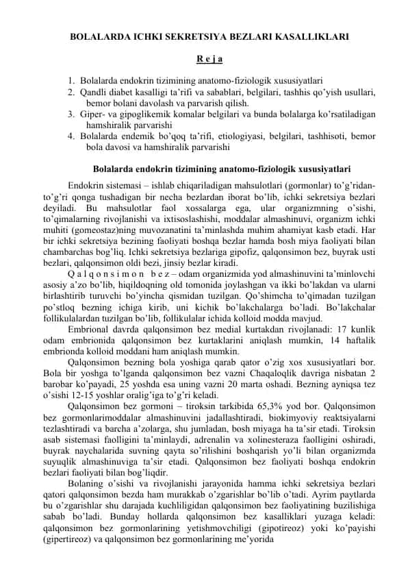Bolalarda Ichki Sekretsiya Bezları Kasallıkları