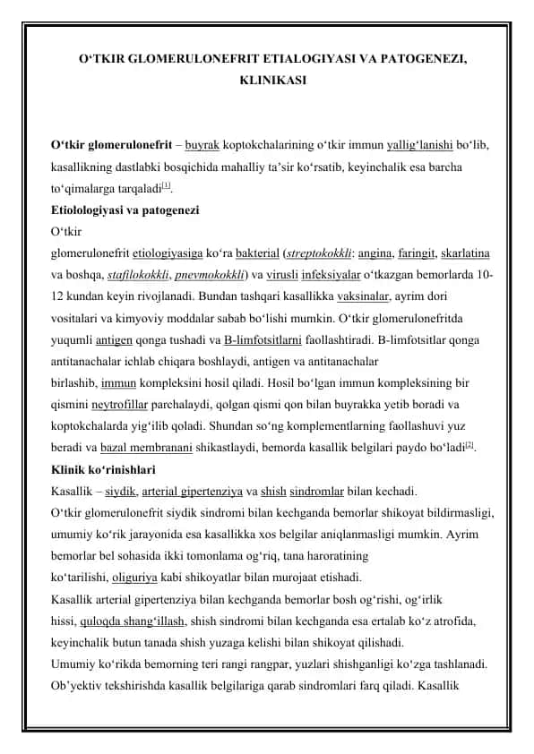O‘TKIR GLOMERULONEFRIT ETIALOGIYASI VA PATOGENEZI, KLINIKASI