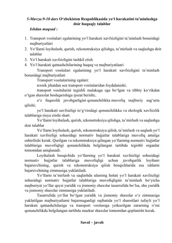Yol Harakati Xavfsizligi haqida Huquqiy Talablar