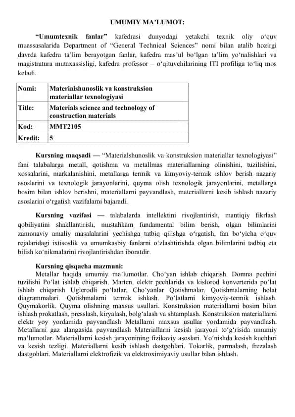 Materialshunoslik va konstruksion materiallar texnologiyasi