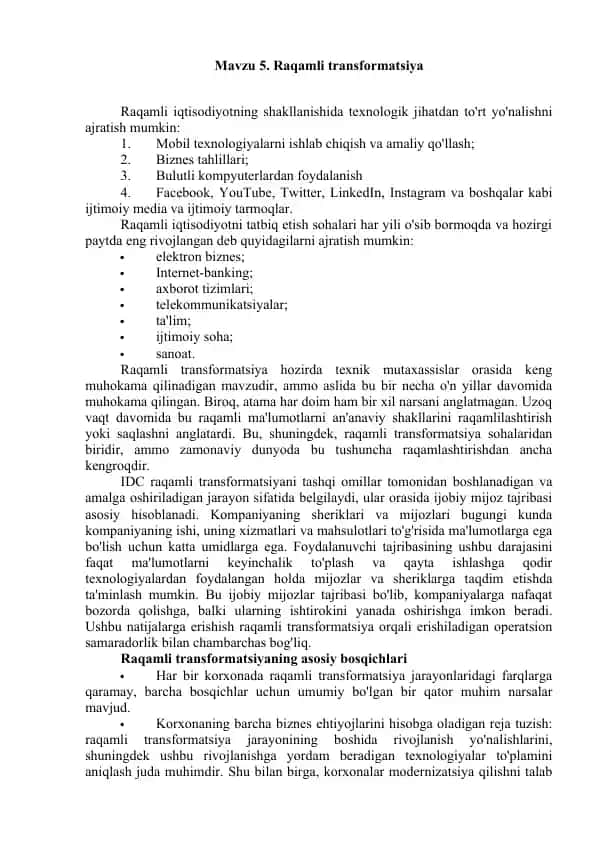 Mavzu 5. Raqamli transformatsiya