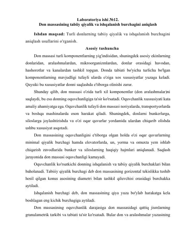 Don massasining tabiiy qiyalik va ishqalanish burchagini aniqlash