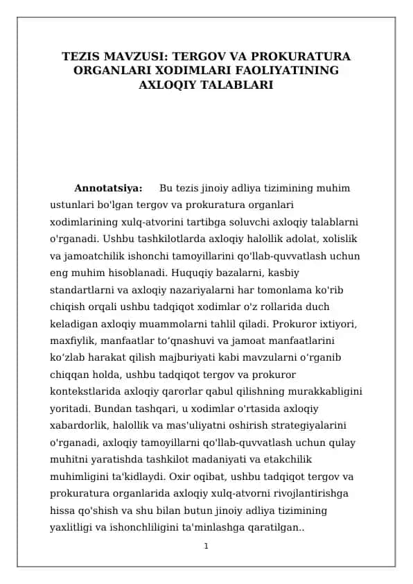 TERGOV VA PROKURATURA ORGANLARI XODIMLARI FAOLIYATINING AXLOQIY TALABLARI