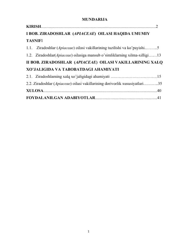 Ziradoshlar (Apiaceae) oilasi haqida ma'lumotlar