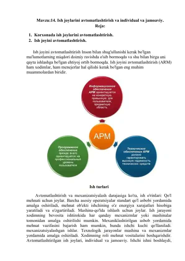 Ish joylarini avtomatlashtirish va individual va jamoaviy