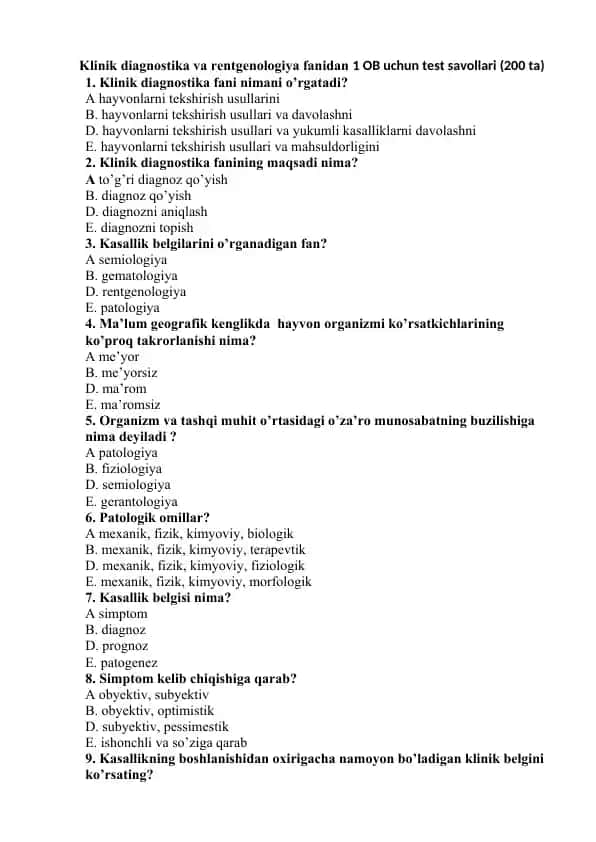 Klinik diagnostika va rentgenologiya fanidan 1 OB uchun test savollari (200 ta)