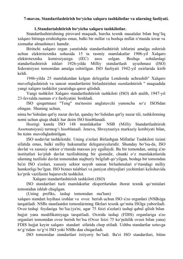 Standartlashtirish bo‘yicha xalqaro tashkilotlar va ularning faoliyati