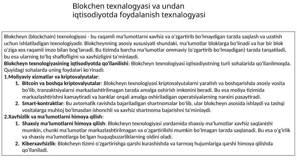 Blokcheyn texnologiyasi va undan iqtisodiyotda foydalanish texnologiyasi