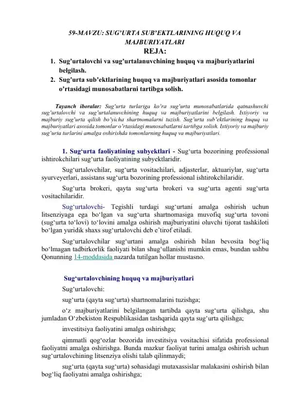 Sugʼurta subʼektlarining huquq va majburiyatlari