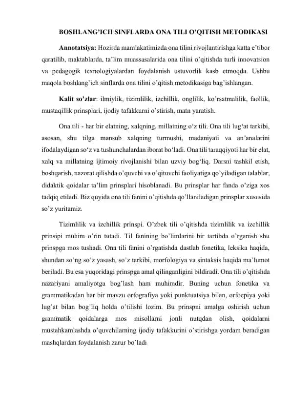 Boshlang'ich sinflarda ona tili o'qitish metodikasi