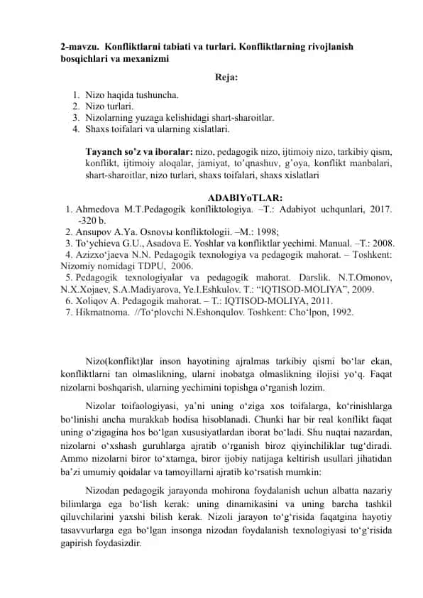 Konfliktlarni tabiati va turlari. Konfliktlarning rivojlanish bosqichlari va mexanizmi