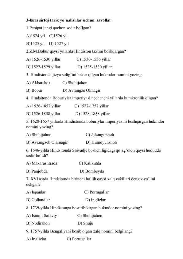 3-kurs sirtqi tarix yo’nalishlar uchun savollar