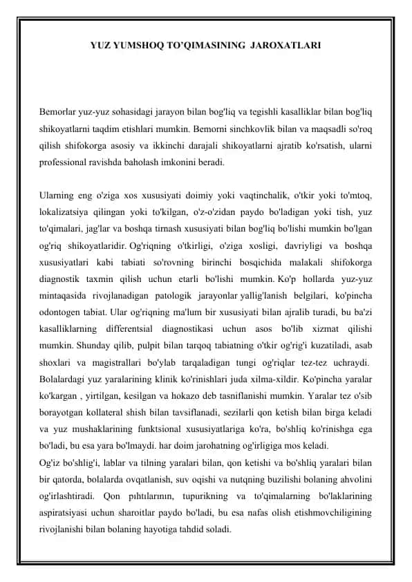 Yuz yumshoq to'qimasi jarayonlari