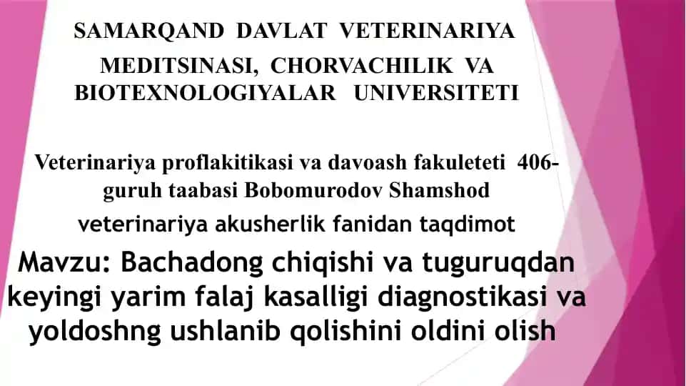 Bachadong chiqishi va tuguruqdan keyingi yarim falaj kasalligi diagnostikasi va yoldoshng ushlanib qolishini oldini olish