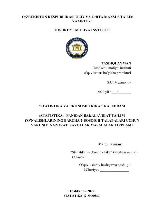 Statistika fanidan yakuniy nazorat savollar va masalalar to‘plami